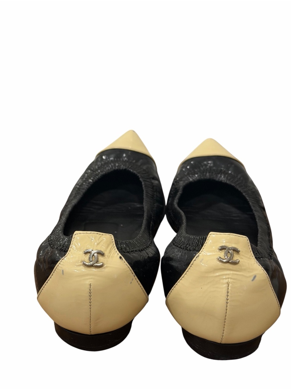 CHANEL Black Patent Leather Beige Cap Toe Ballet Flats Shoes Size 35 - Picture 6 of 16